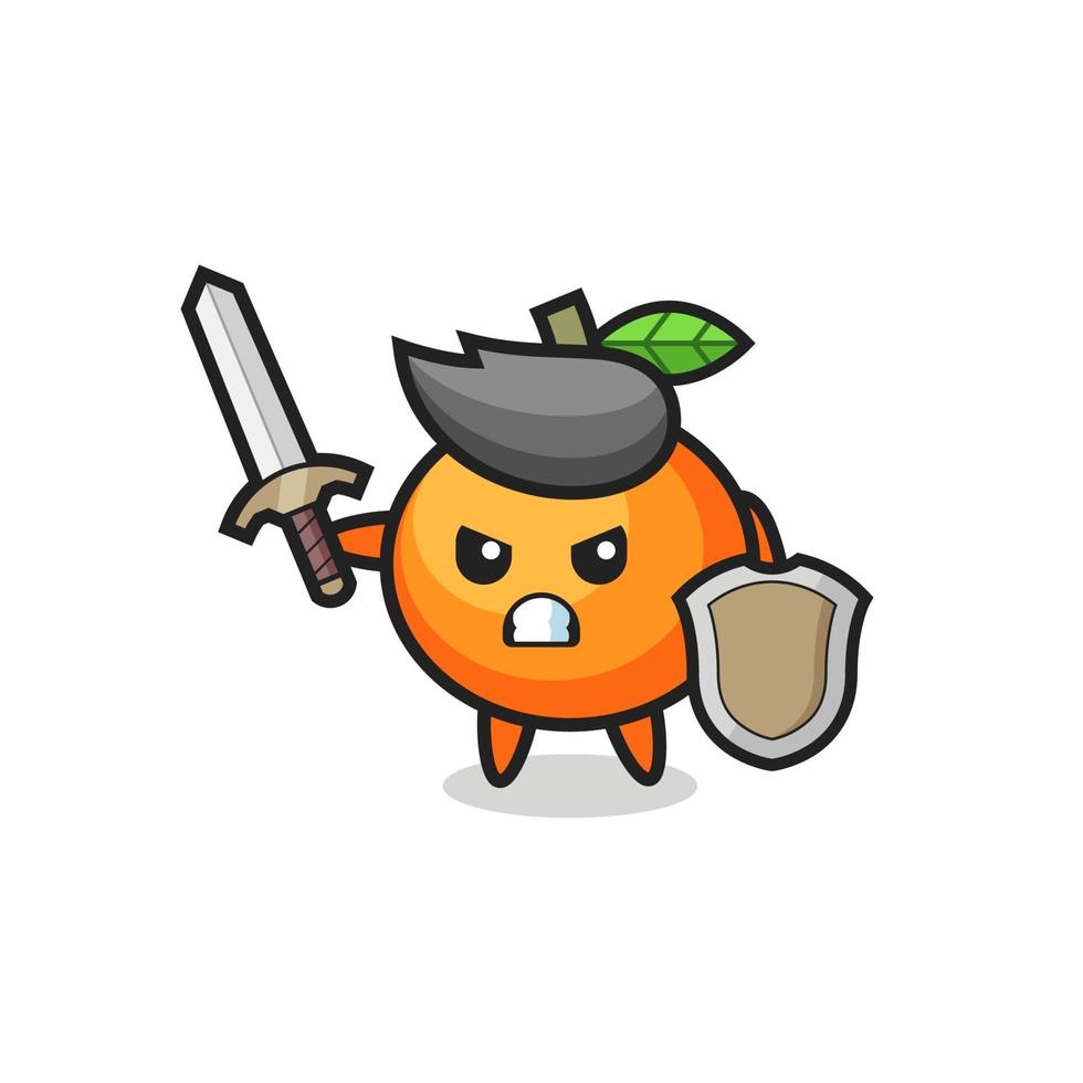 cute mandarin orange soldier fighting with sword and shield vector
