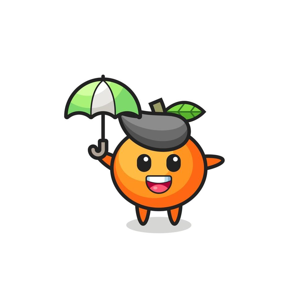 cute mandarin orange illustration holding an umbrella vector