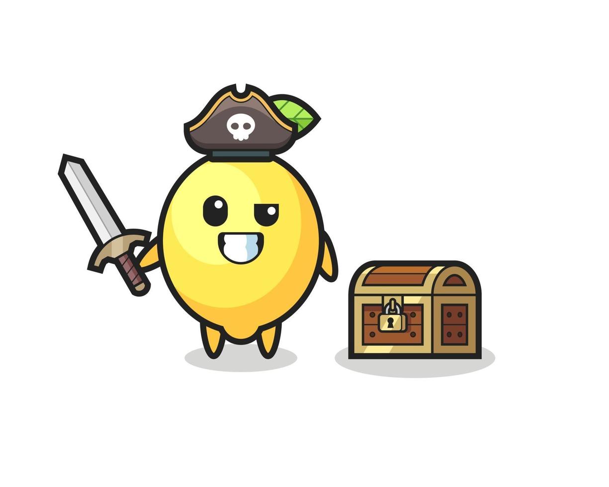 el personaje pirata de limón sosteniendo la espada al lado de un cofre del tesoro vector