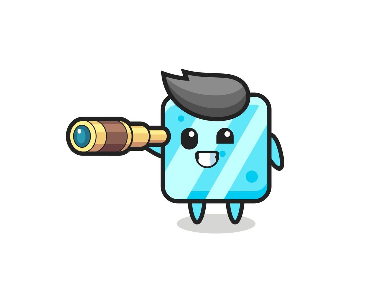 cute ice cube character is holding an old telescope vector