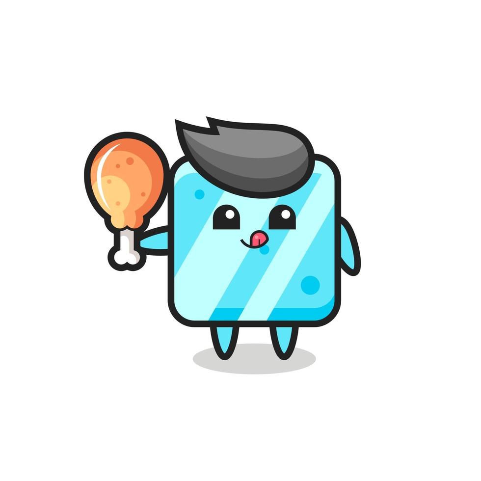 ice cube cute mascot is eating a fried chicken vector