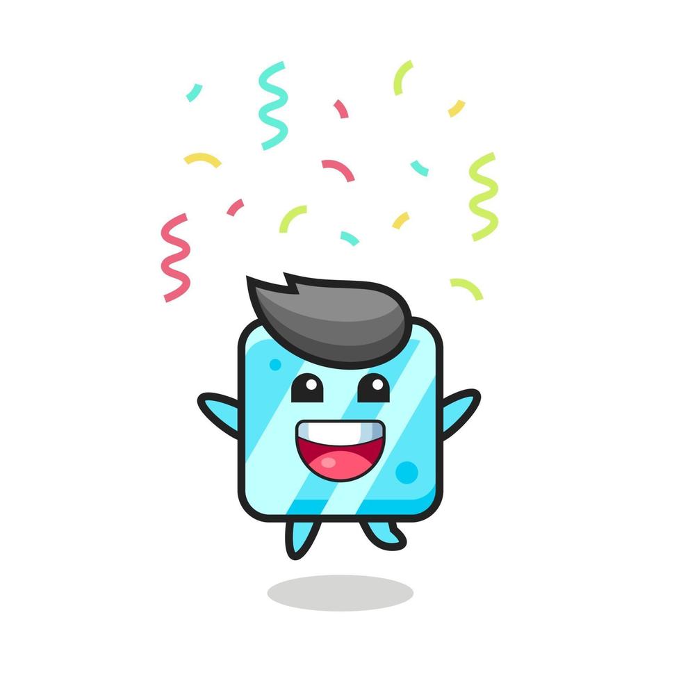 happy ice cube mascot jumping for congratulation with colour confetti vector