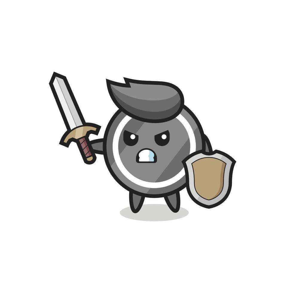 cute hockey puck soldier fighting with sword and shield vector