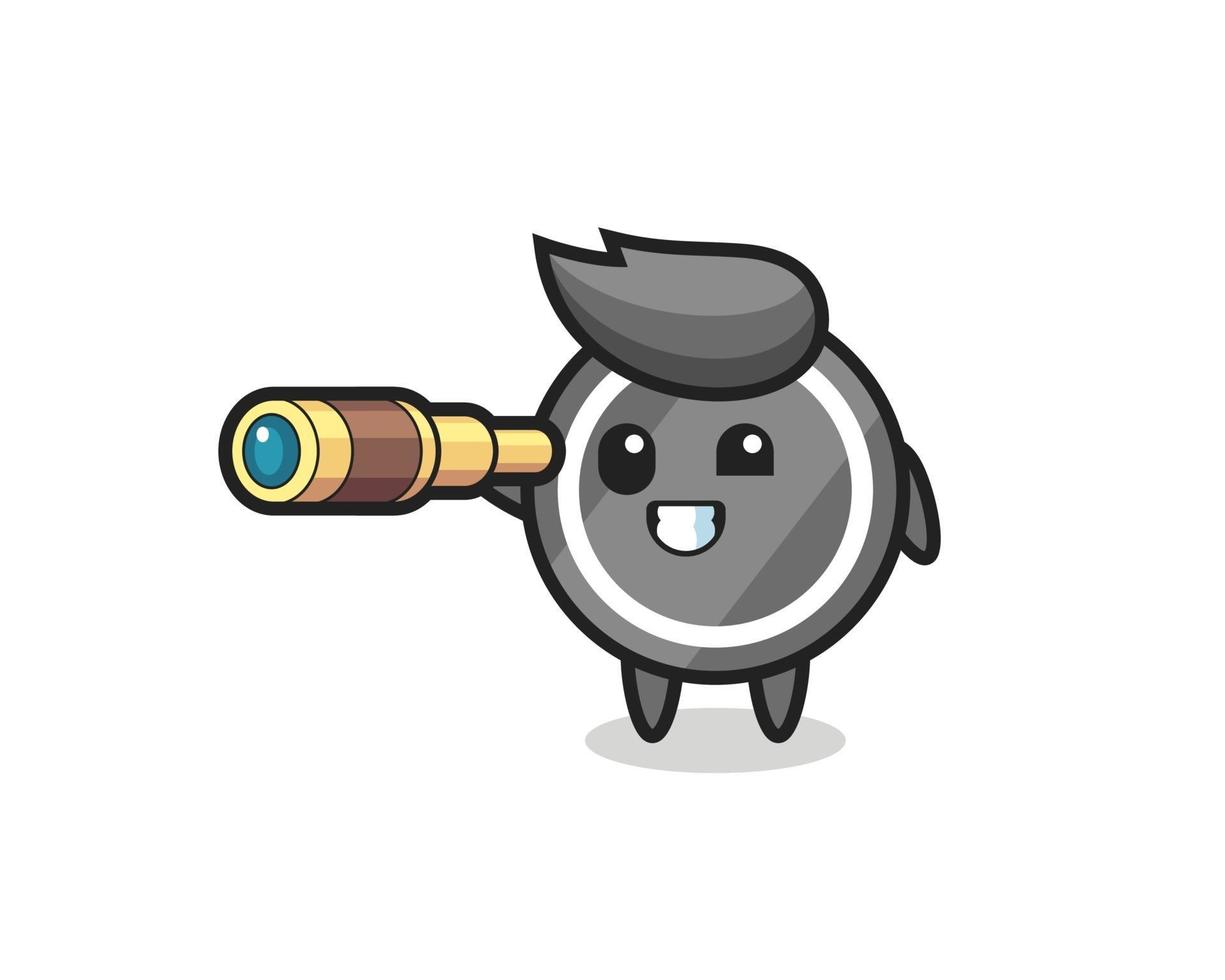 cute hockey puck character is holding an old telescope vector