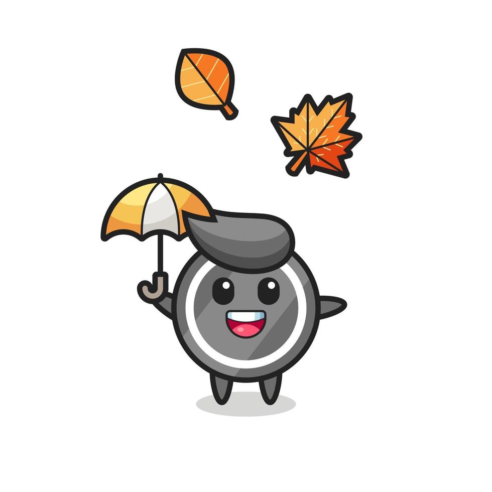 cartoon of the cute hockey puck holding an umbrella in autumn vector