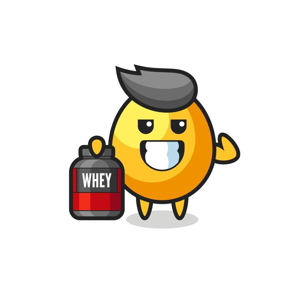 the muscular golden egg character is holding a protein supplement vector