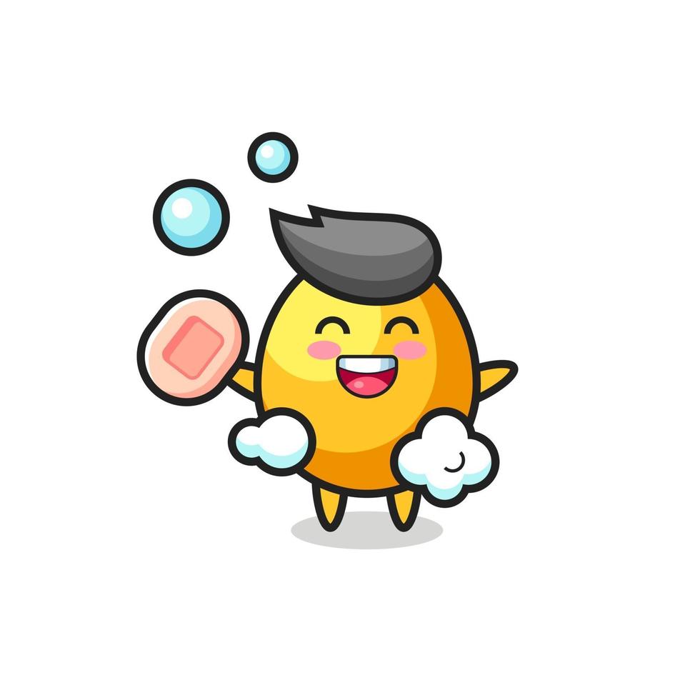 golden egg character is bathing while holding soap vector