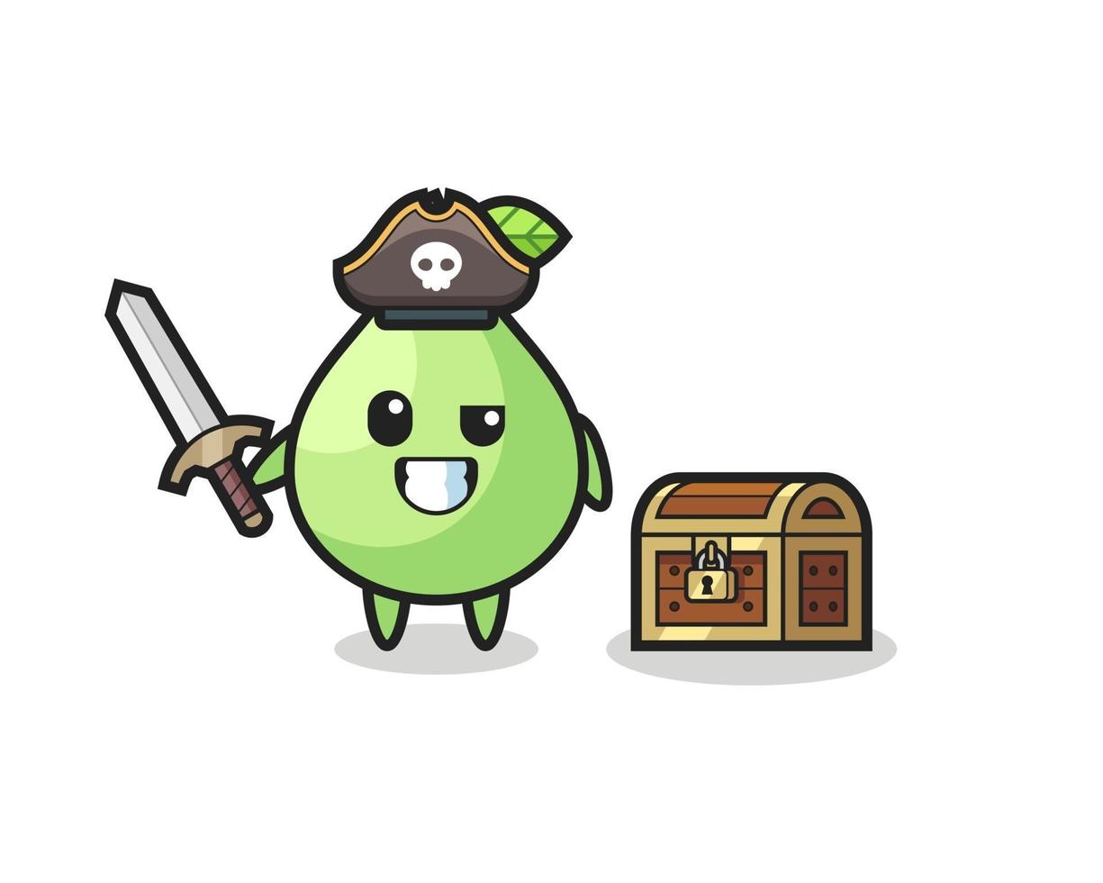 el personaje pirata de guayaba sosteniendo la espada al lado de un cofre del tesoro vector