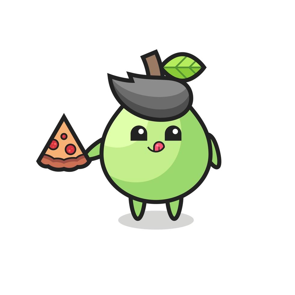 cute guava cartoon eating pizza vector