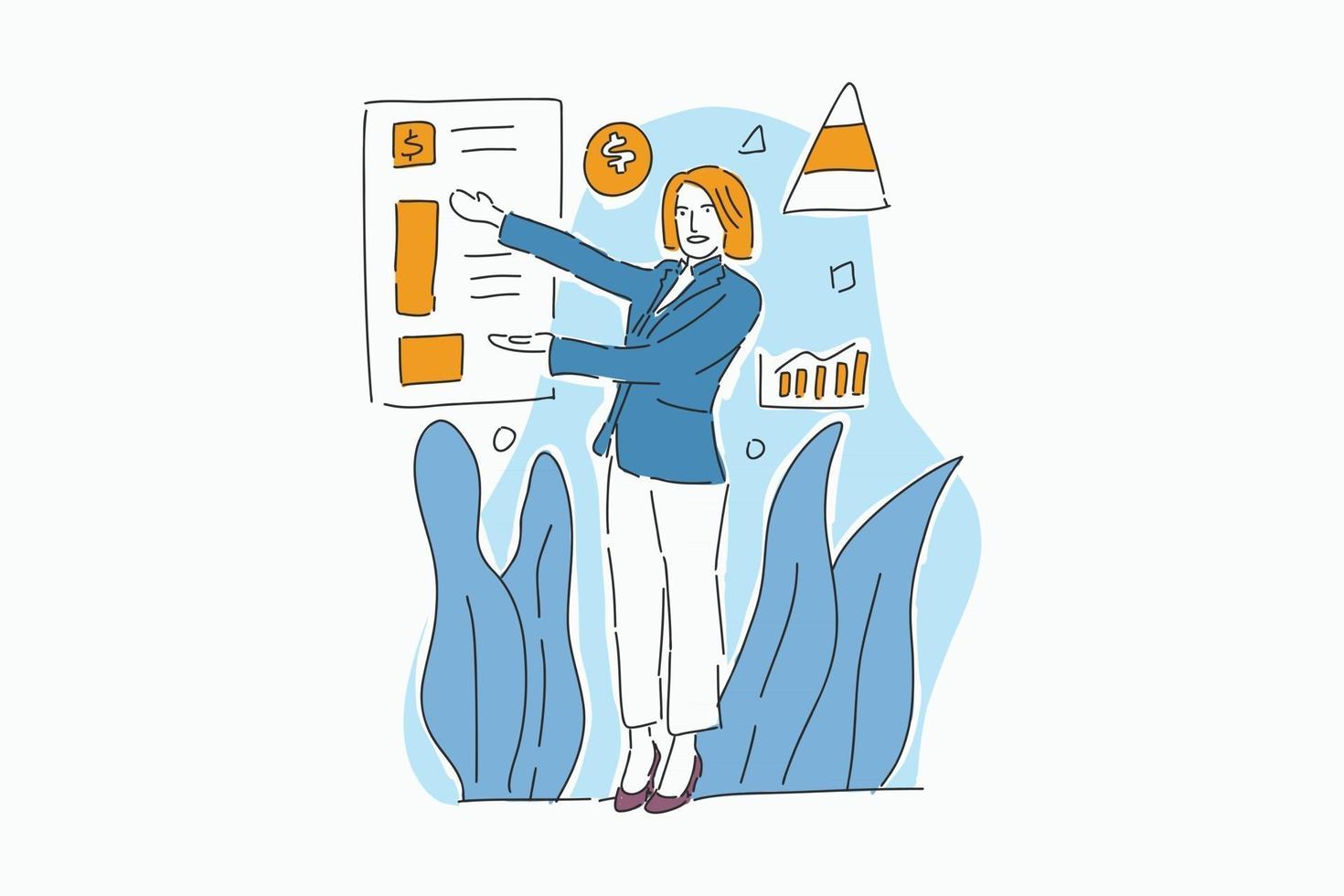 business woman posture with icon drawn illustration vector