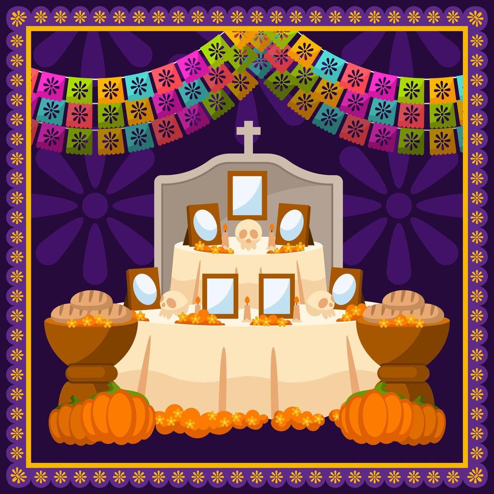 altar del dia de muertos decorado con papel picado vector