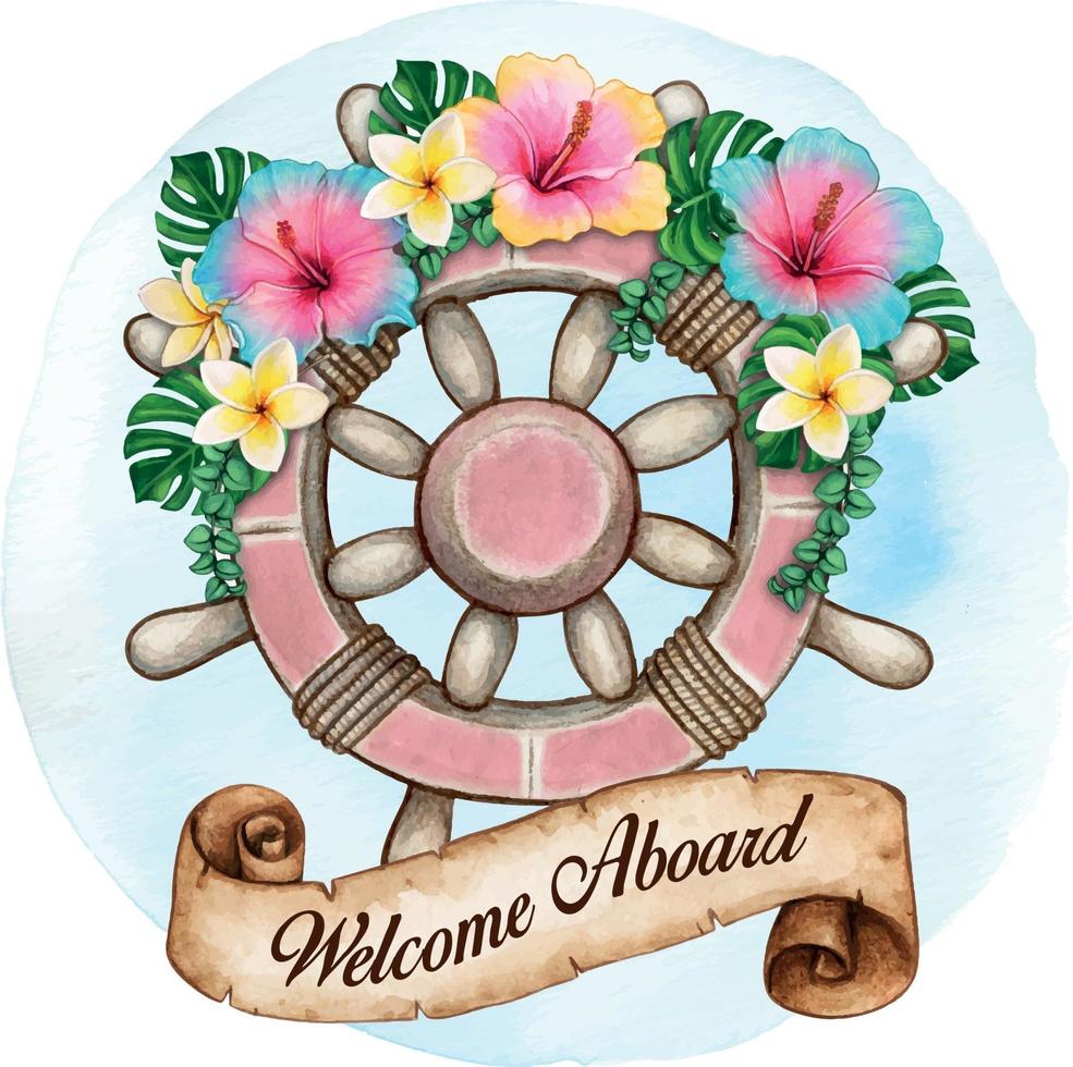 Watercolor helm decorated with tropical flowers and scroll banner vector