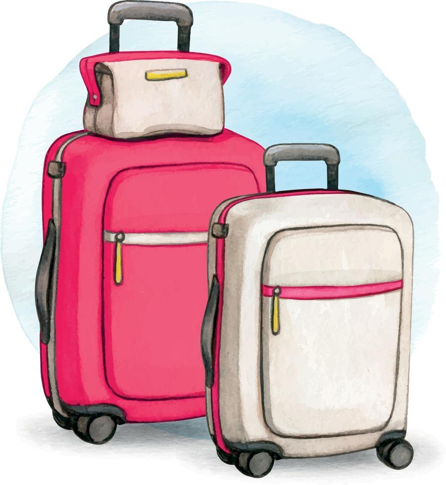 Watercolor luggage set pink trolley vector