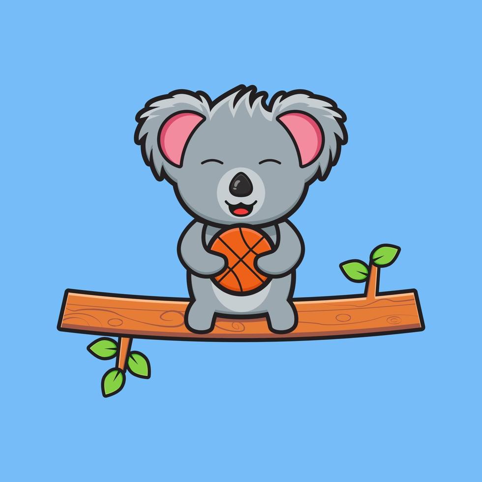 lindo koala sentado en la rama sosteniendo baloncesto ilustración de dibujos animados vector