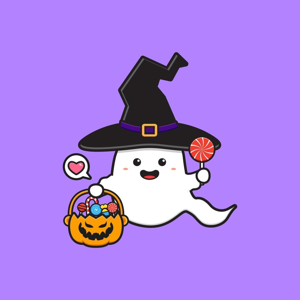 Cute ghost witch holding pumpkin bucket filled candy illustration vector