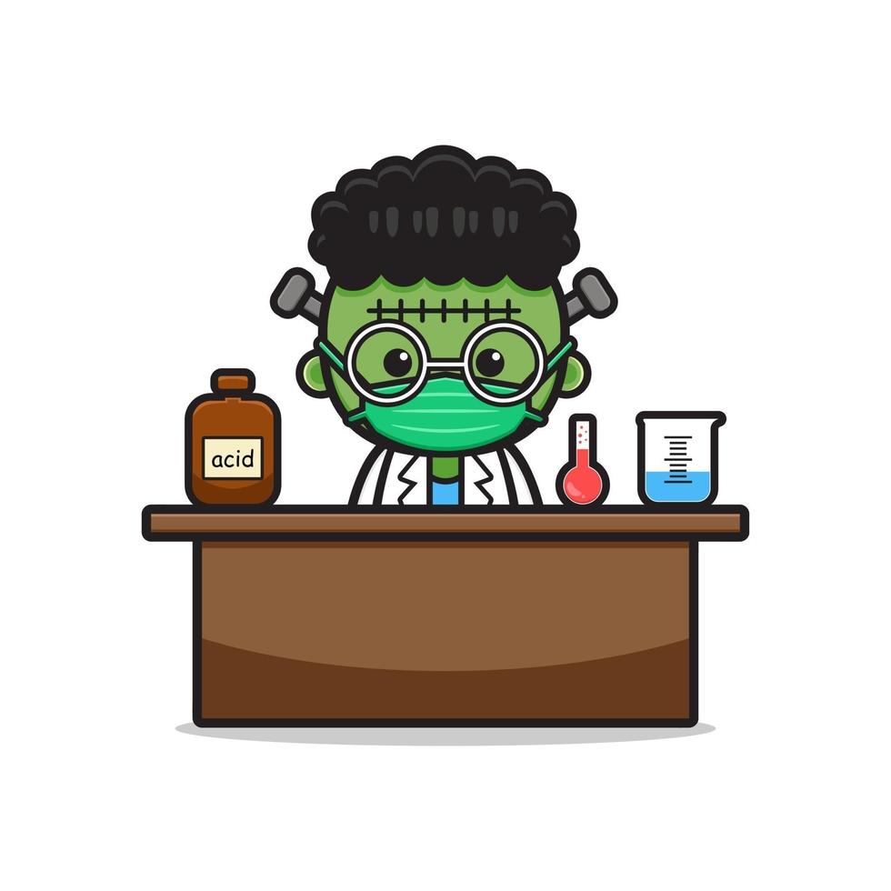 Cute frankenstein do science experiment cartoon icon illustration vector