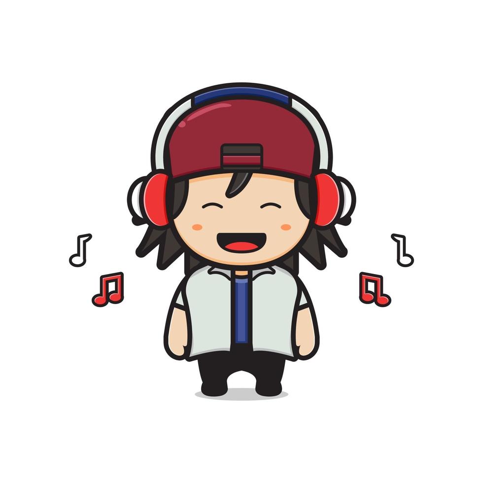 Cute boy listening music with headphones cartoon icon illustration vector