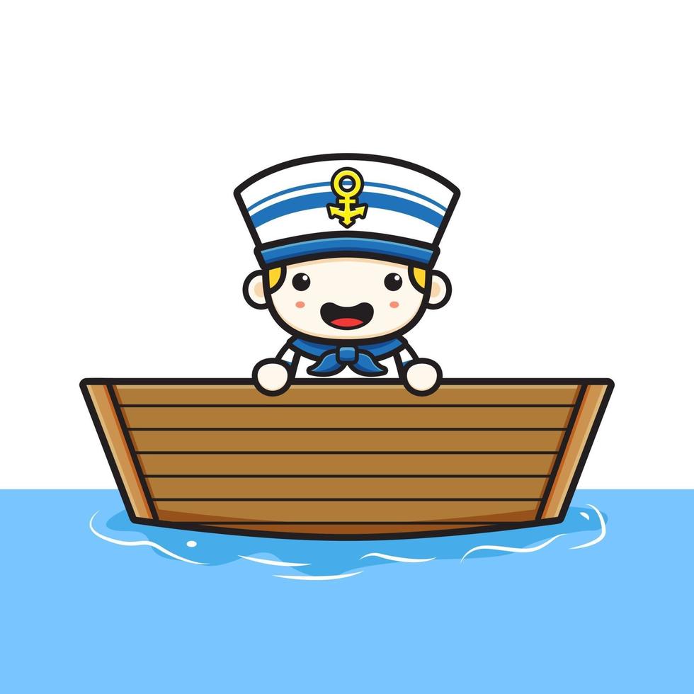 Cute sailor get on the boat cartoon icon illustration vector