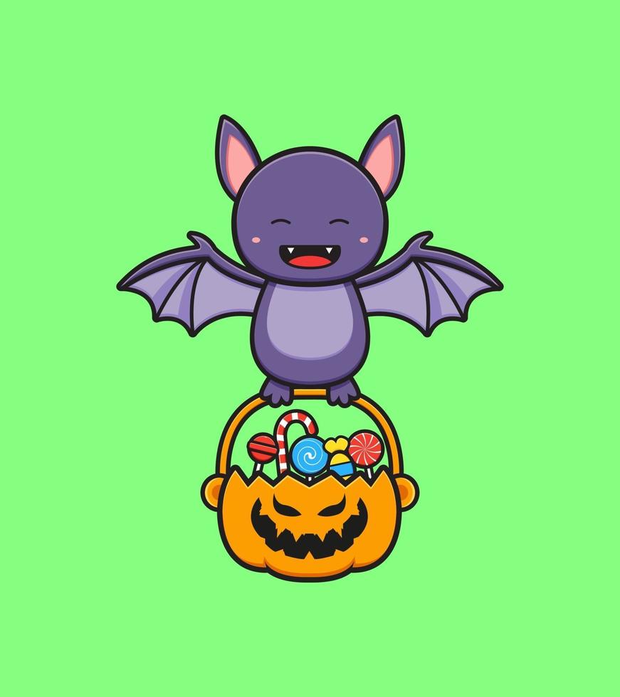 lindo murciélago halloween sosteniendo una canasta de calabaza llena de dulces vector