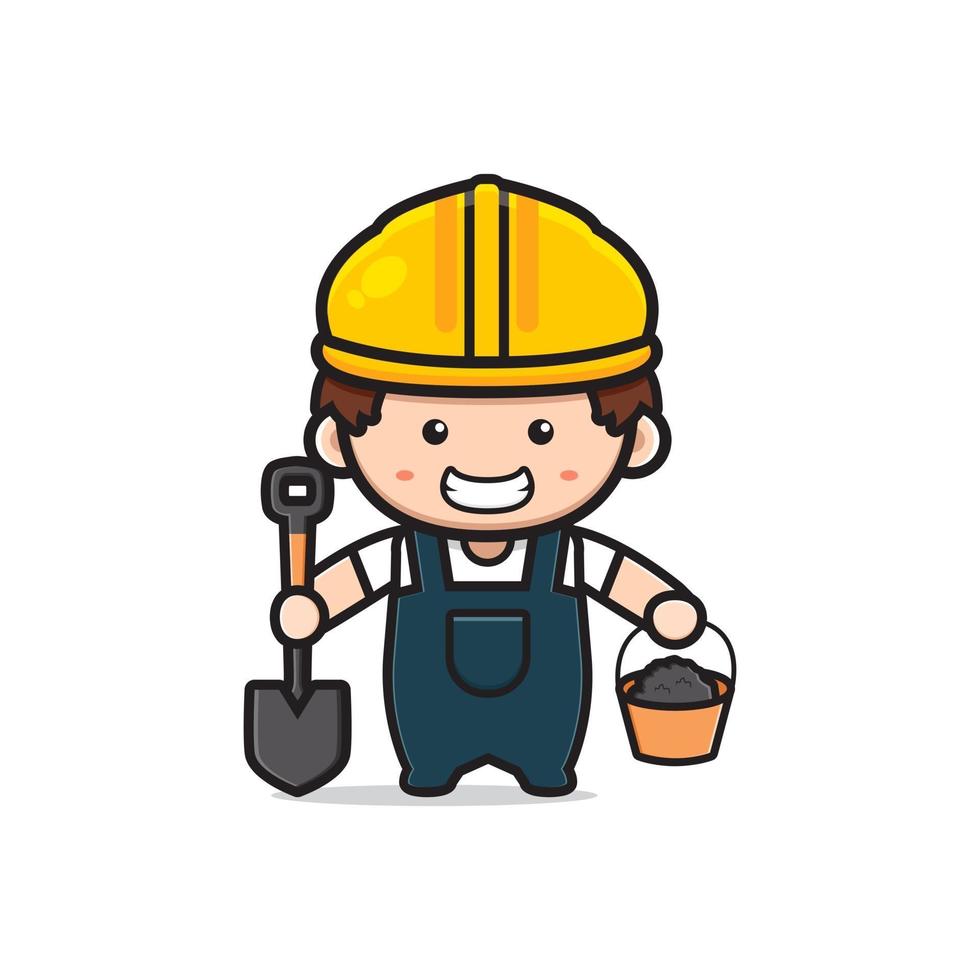 Cute engineer construction worker holding shovel and cement vector