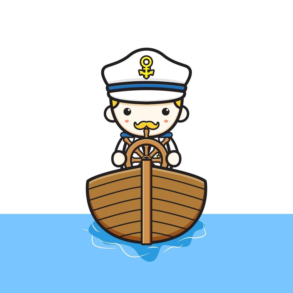 Cute captain driving boat cartoon icon illustration vector