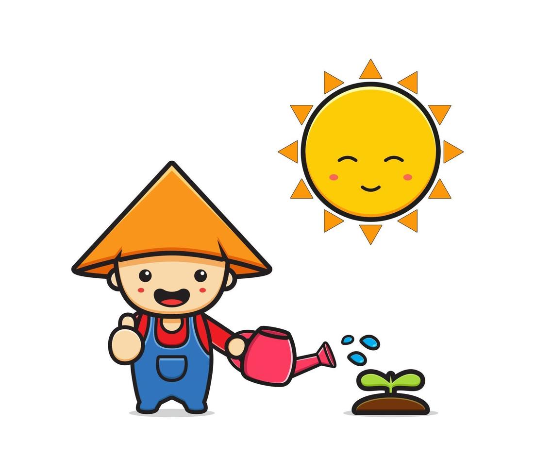 Cute farmer watering plant with sun cartoon icon illustration vector