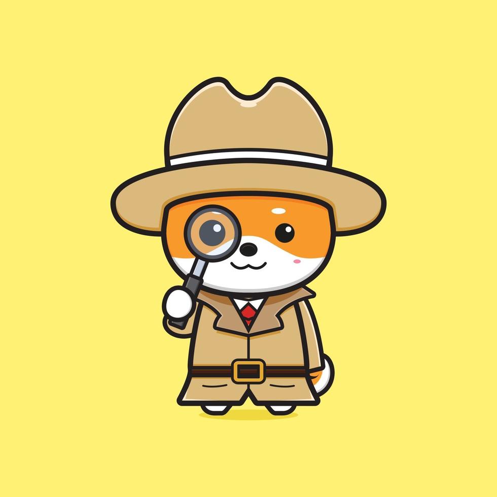 lindo detective shiba inu sosteniendo lupa icono de dibujos animados ilustración vector