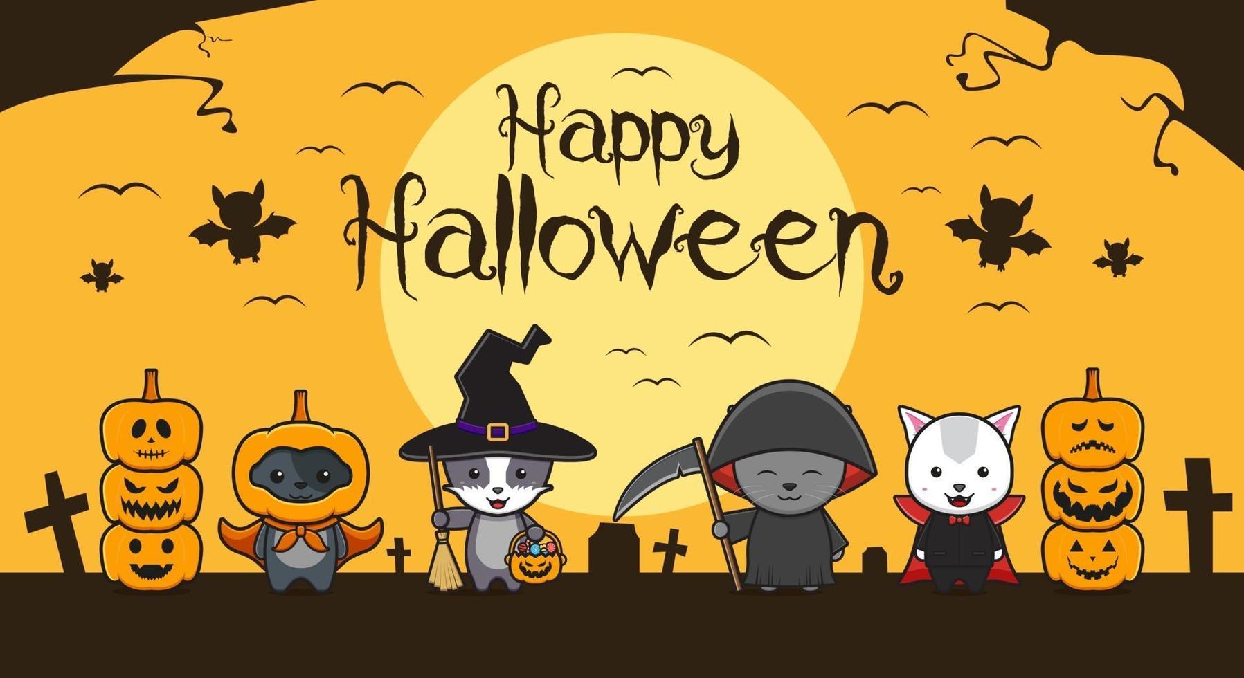 Cute cat wearing halloween cosplay background cartoon illustration vector