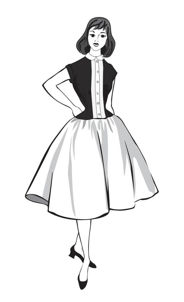 Elegante paño mujer moda niña estilo años 60 vestido de verano vintage vector