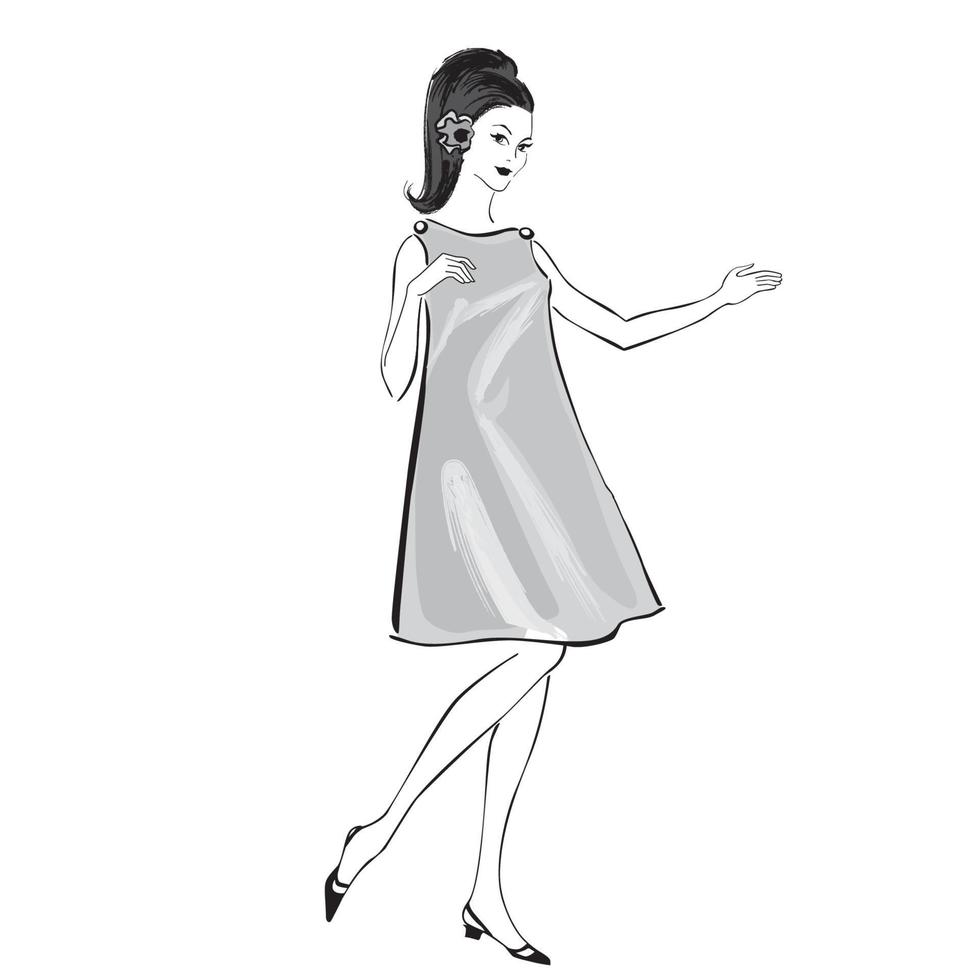 moda casual vestido mujer 1960 verano moda niña silueta vector
