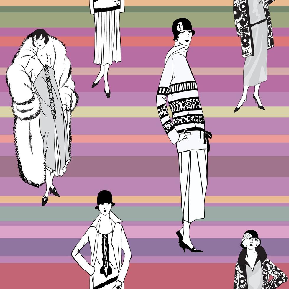 Fashion dress girl 1920s 1930s seamless pattern Retro female style 20s vector
