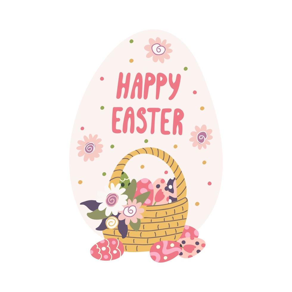 Easter card with a wicker basket full of colorful eggs vector