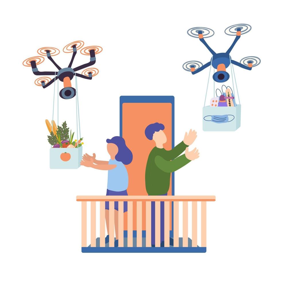 Los drones entregan alimentos y medicinas a las personas en casa. vector