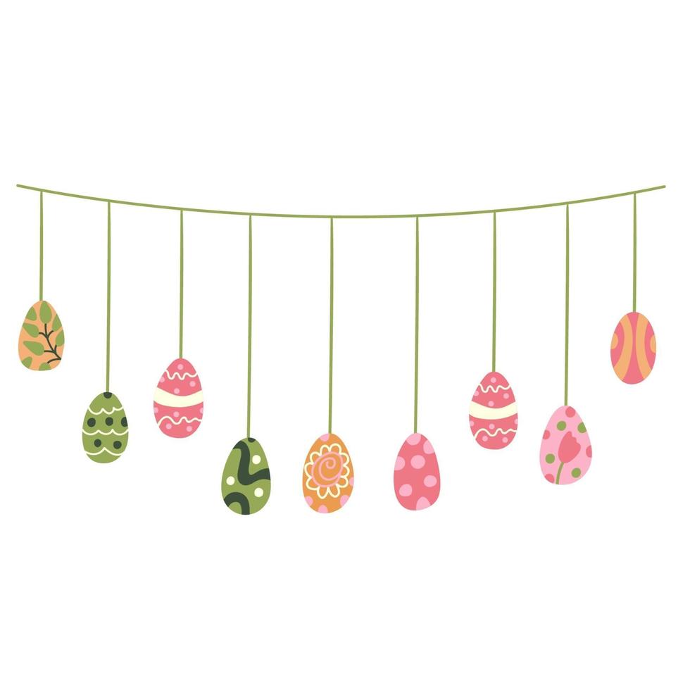 Easter garland with hanging colorful eggs decorated with patterns vector