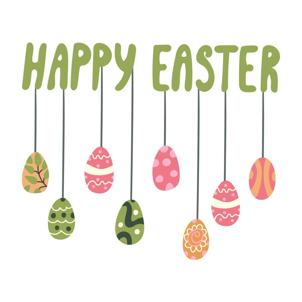 Happy Easter card with hanging colorful eggs vector