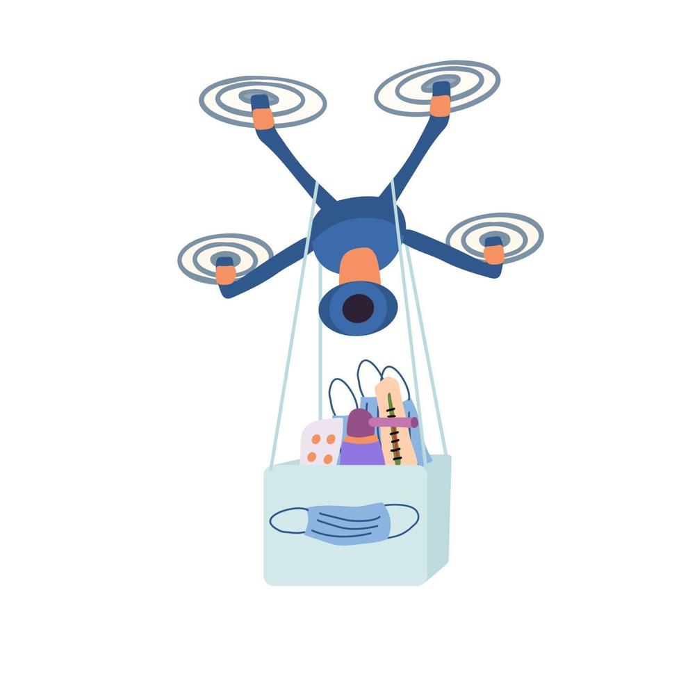 drone entrega medicamentos y máscaras vector