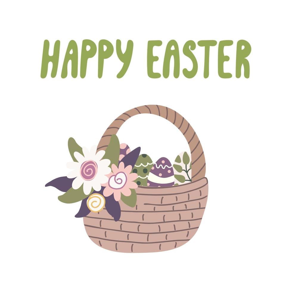 Easter card with a wicker basket  full of colorful eggs vector