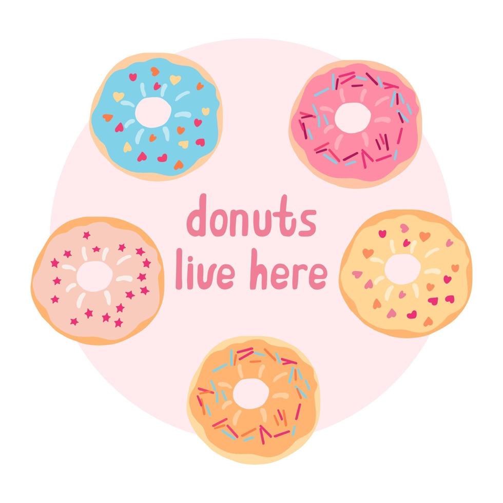 Set of tasty colorful donuts on the pink circle. vector