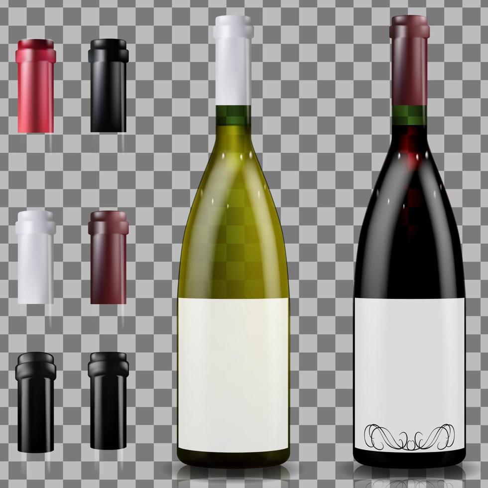 botellas de vino tinto y blanco. gorras o mangas, cerrando el tapón vector