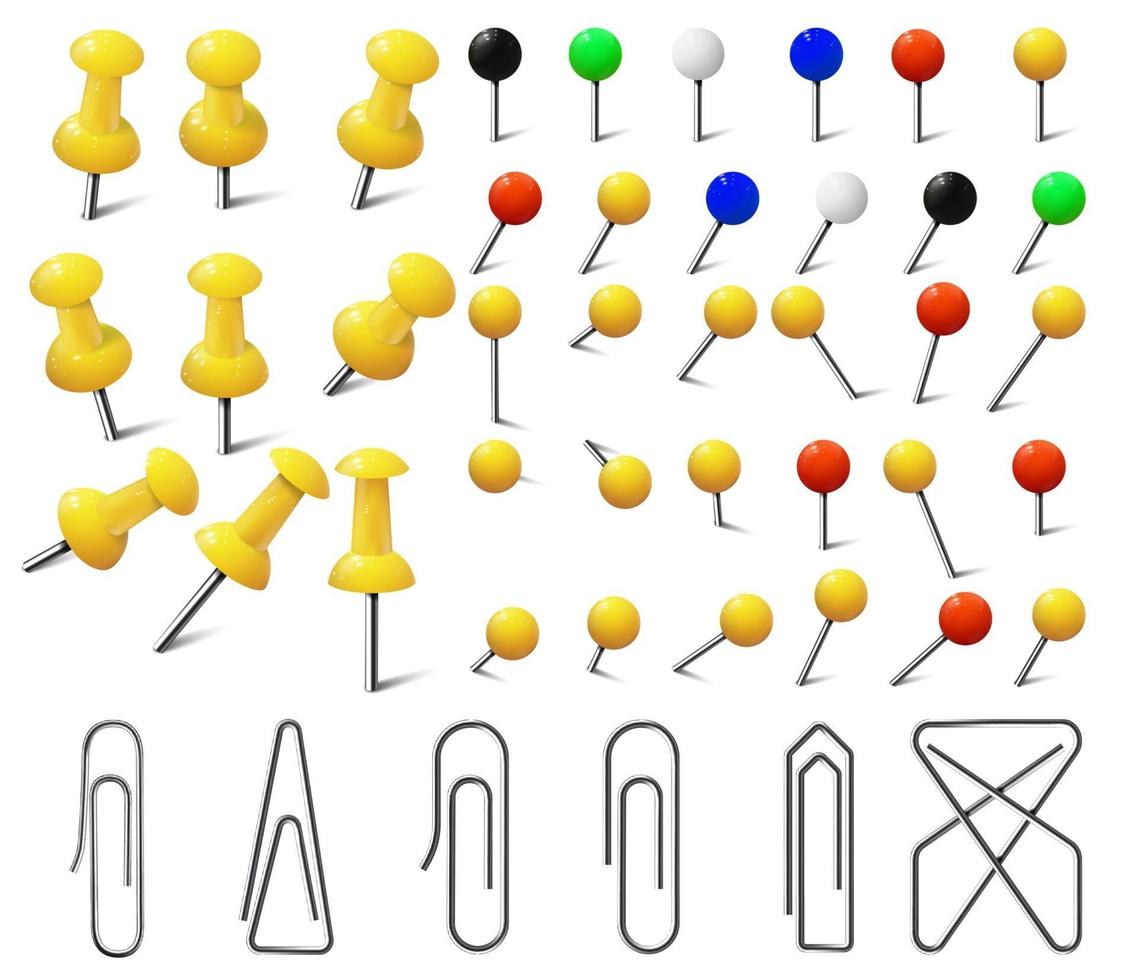 varios marcadores de colores, clips, tachuelas de mapas y alfileres vector