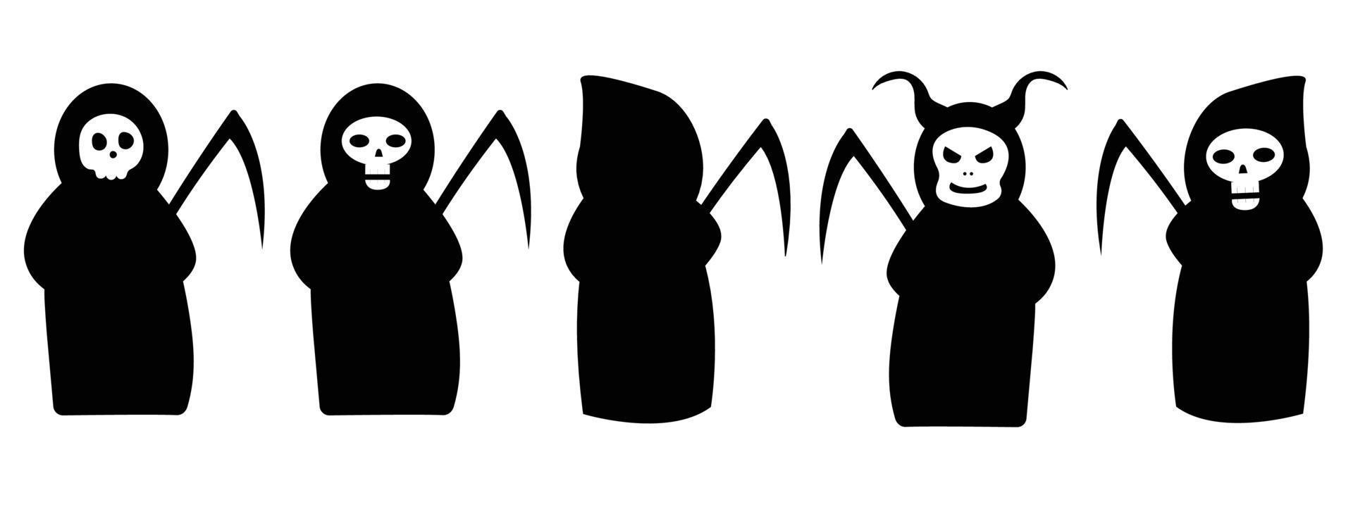 Collection of reapers with braids and black dress. Death with horns vector