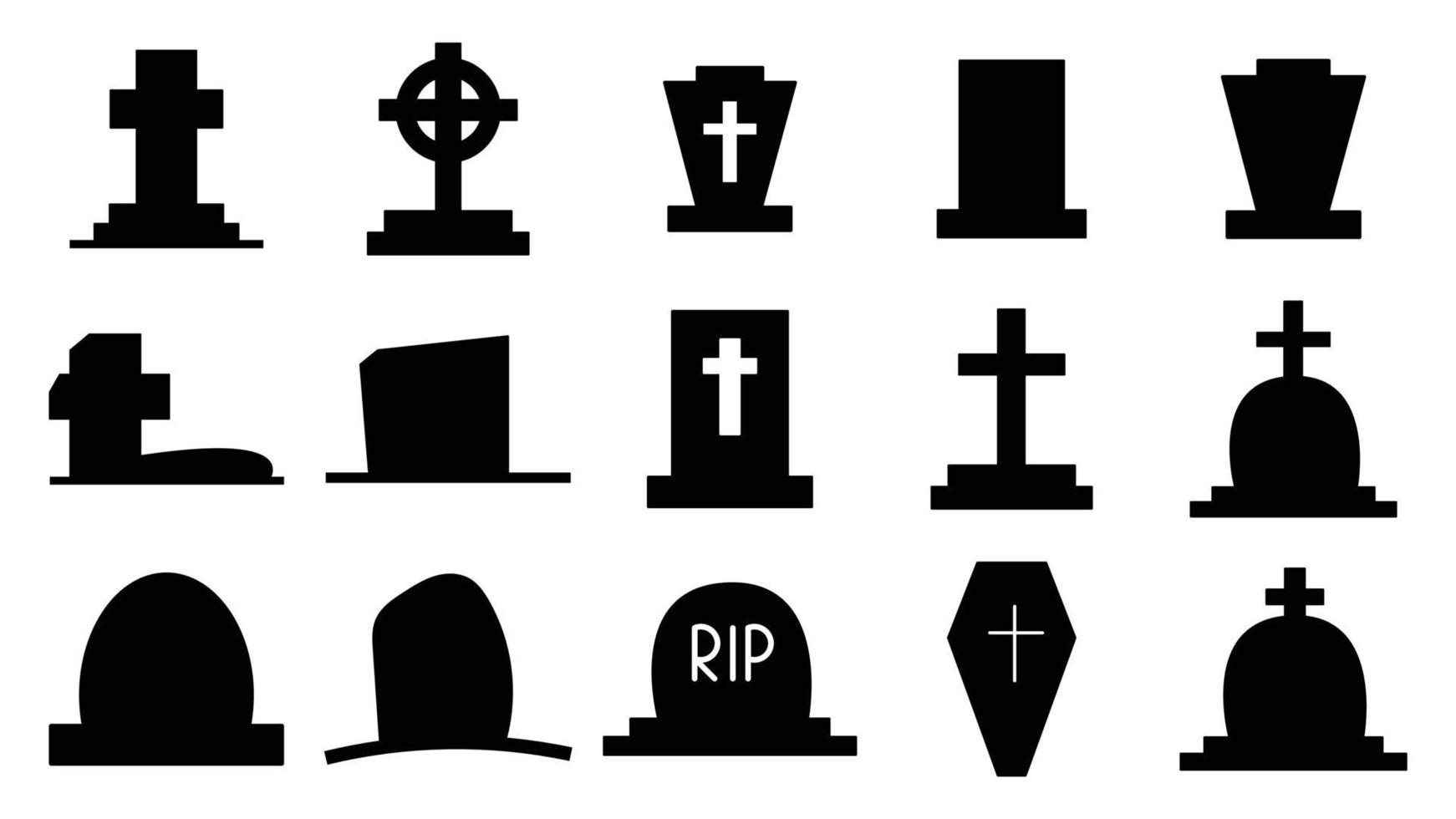 Collection of dark silhouettes of tombstones. graves monuments vector