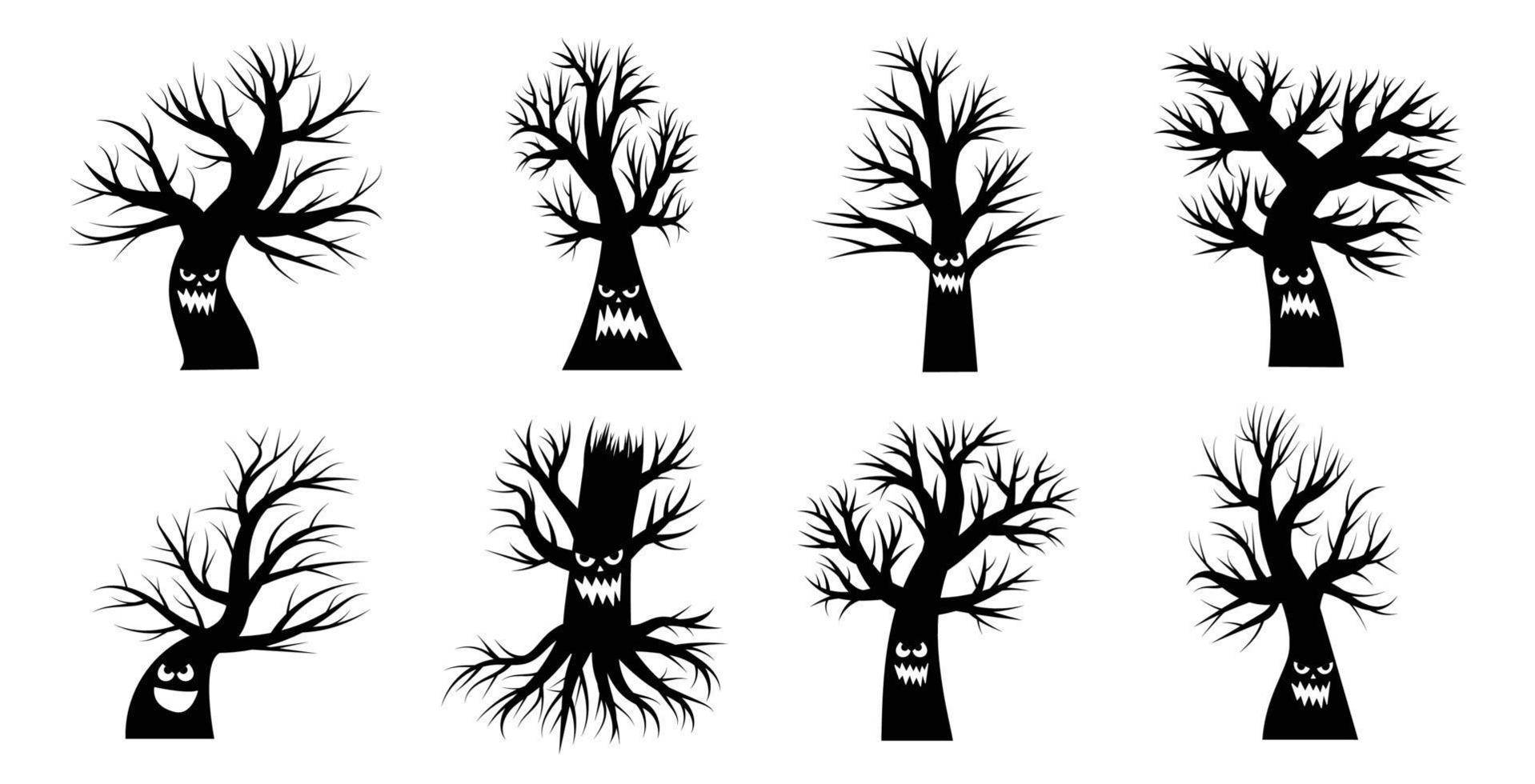 colección de siluetas dibujadas de árboles caras de halloween vector