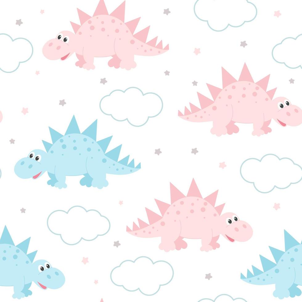 Cute dinosaurs and clouds gentle pastel baby seamless pattern vector