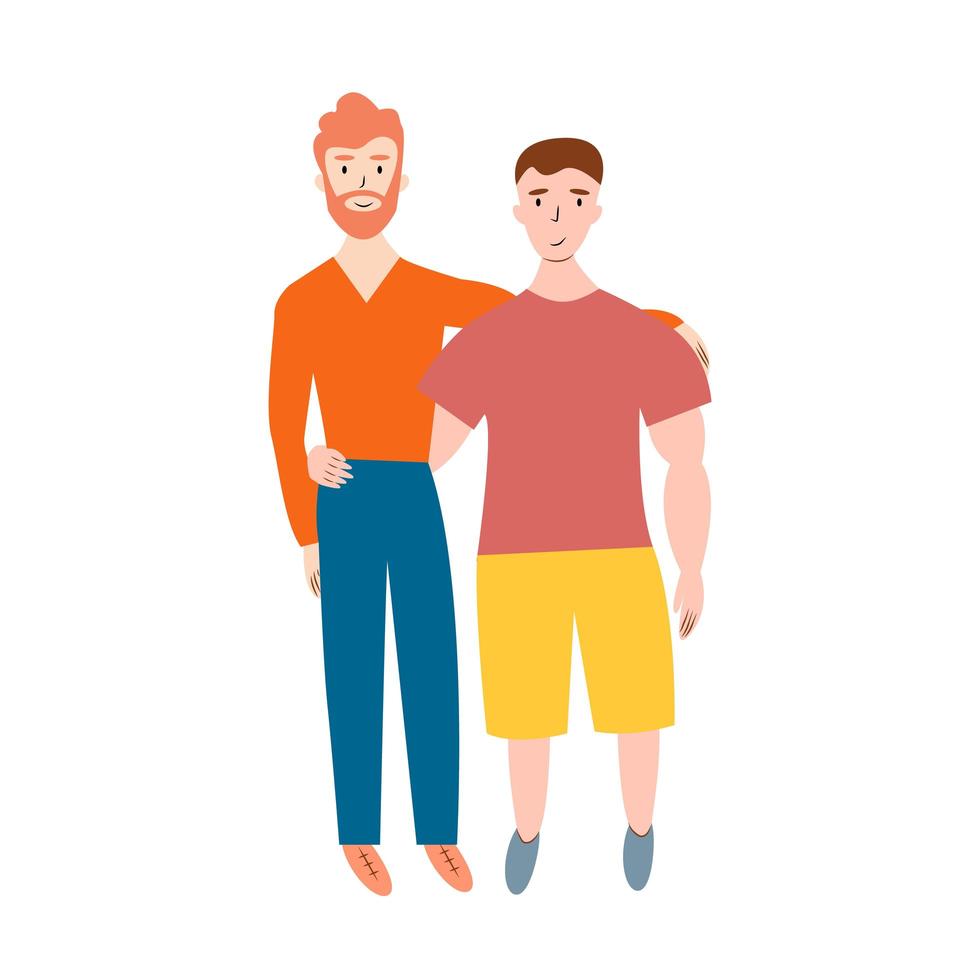 Gay couple family standing together. Two man homosexual hugging. vector