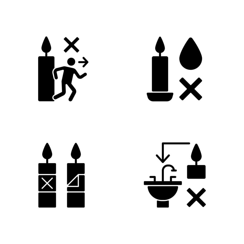 Being safe around candle black glyph label icons set on white space vector