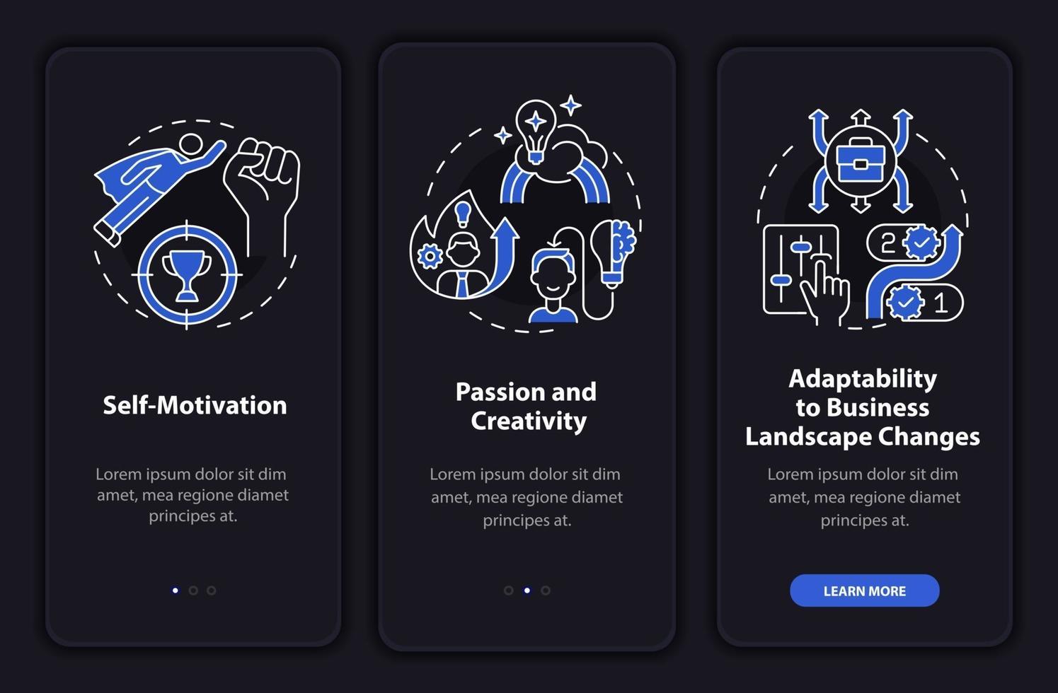 Startup launch requirements dark onboarding mobile app page screen vector