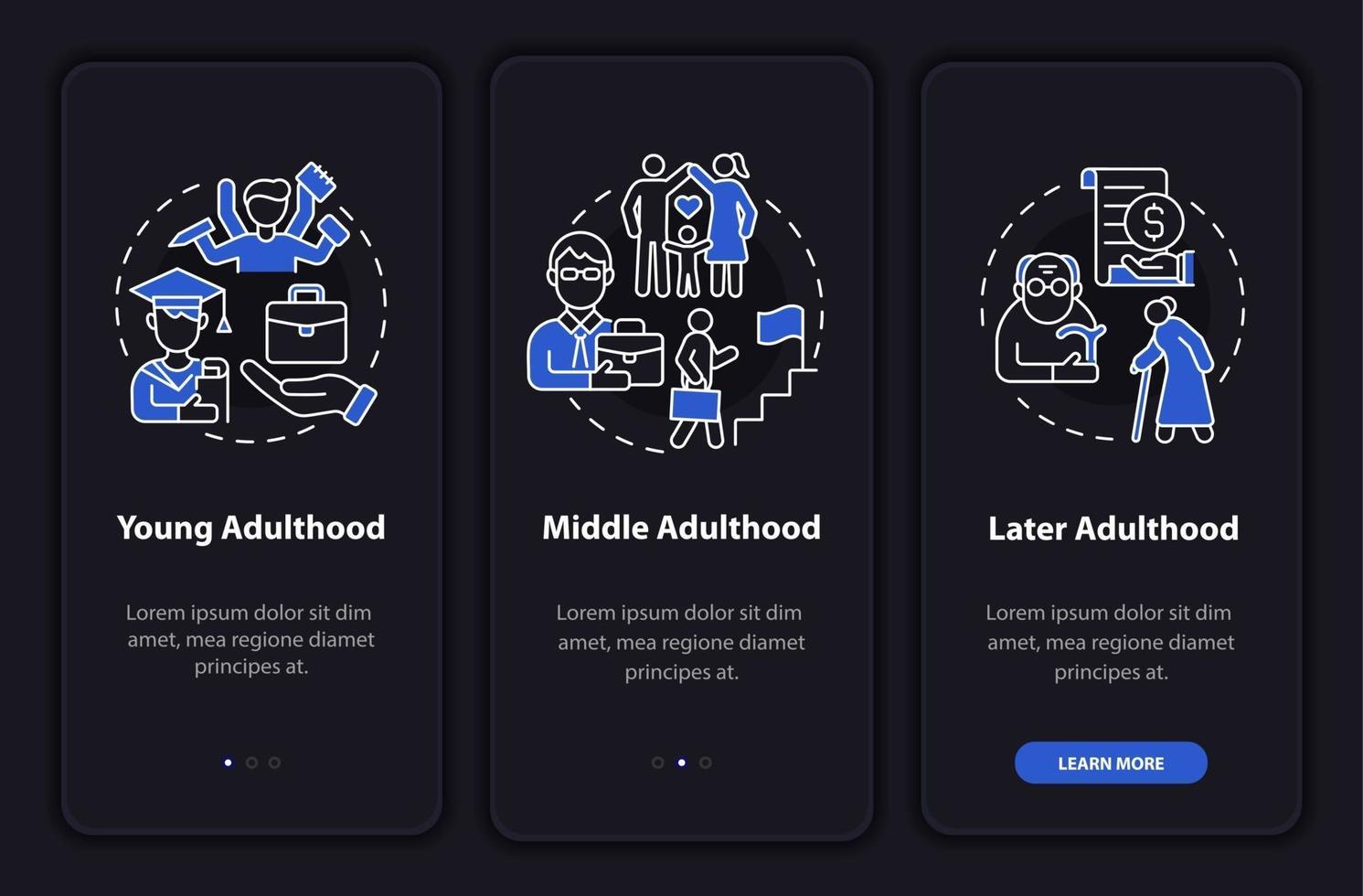 Stages of adulthood onboarding mobile app page screen vector