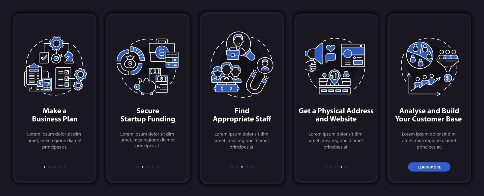 Startup launch steps dark onboarding mobile app page screen vector