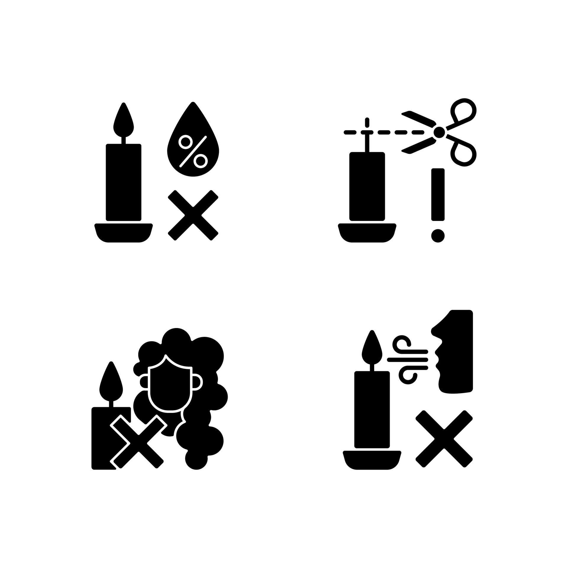 Candle safety warning black glyph label icons set on white space